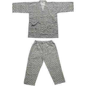 Kimono Japanese Jinbei Shirt and Pant, Cotton Linen Loungewear Lounge Set Spa Bathrobe, Black Waves