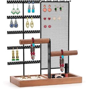 حامل منظم المجوهرات قابل للإزالة، حامل قلادة من 7 طبقات مع شبكة منظم للأقراط، منظم حامل شجرة المجوهرات مع 80 فتحة وقضيب خشبي للأساور والساعات والخواتم in Kuwait
