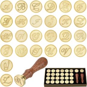 PATIKIL Alphabet Wax Seal Stamp Kit, 26 Letters A-Z Sealing Wax Stamp with 2pcs Wooden Handles, Gift Box Letter Initial Brass Head Vintage, Style 3