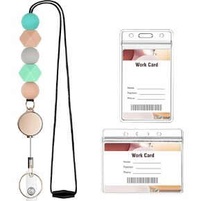 Retractable Lanyard with Badge Holders, Kaptron Cute Teacher Lanyard for ID Badges and Keys, Cute Beaded Lanyard for Women, Nurses, Students, Employees with 2 Badge Card Holders