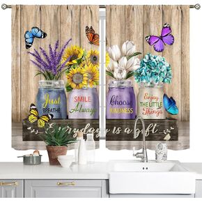 Purple Yellow Flower Small Kitchen Curtains Floral Butterfly Window Treatment Spring Short Oil Painting Window Curtains for Bathroom Room Green Leaf Tier Treatment Drapes 27.5x39 inch