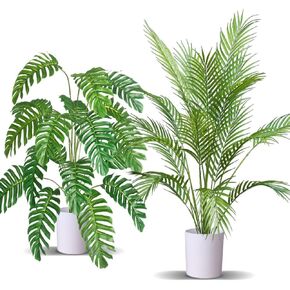 2pcs Artificial Palm Tree Fake Monstera Plants Indoor Tropical Palm Leaves Plastic Turtle Foliage Faux Green Plants for Home Office Garden Outdoor Decor (Palm and Monstera)