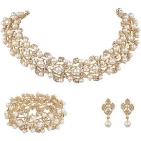 EVER FAITH Austrian Crystal Bridal Cream Simulated Pearl Leaf Luxury Necklace Earrings Bracelet Set