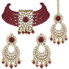 Aheli Jodha Akbar Faux Kundan Faux Pearl Choker Necklace with Earring Maang Tikka Indian Traditional Bollywood Bridal Jewelry Set for Women Girls