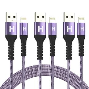 iPhone Charger【Apple MFi Certified】 Lightning Cable 3Pack 3/6/10ft,Nylon Braided iPhone Charger Fast Charging Cable Compatible for iPhone 14/13 Pro/XS/XR/X/8/7 iPad Air-Purple Black