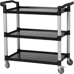 Service Cart Heavy Duty 3-Shelf Rolling Utility/Push Cart with Lockable Wheels, 360 lbs. Capacity, Black, for Foodservice/Restaurant/Cleaning