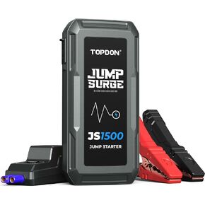 TOPDON 1500A Car Battery Jump Starter, Portable 12V Car Starter, JS1500 Lithium Battery Booster (Up to 6.5L Gas, 4.0L Diesel) with Smart Clamp Cables, USB Quick Charge, LED Flashlight