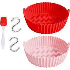 2 Pack Air Fryer Silicone Pot, Reusable Silicona Basket Liner for Airfryer Oven Accessories, 7.5inch Fits 3 to 5 Qt Air Fryer Food Safe Round Silicone Liners Tray, Clean Easily(Pink&Red)