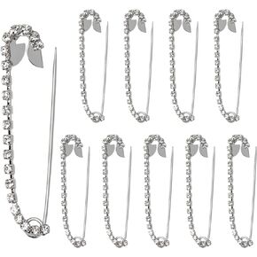 10 pcs Safety Pins Decorative Rhinestone Safety Pin Large Fashion Brooch Pins for Clothes Dress Women Crafts Silver