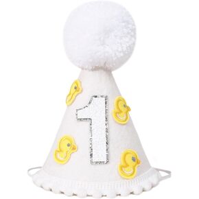 Little Yellow Duck 1st Birthday Hat - Baby First Birthday Party Decorations,Duck Party Cone Hat,Little Yellow Duck Birthday Cake Smash Party Decor,One Duck Themed White Birthday Hat For Boys Girls