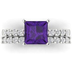 Clara Pucci 2.66ct Princess cut Custom Engraving Pave Natural Purple Amethyst Engagement Ring Band Wedding Bridal Set 14k White Gold 10