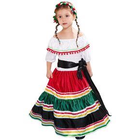 IDOPIP Rainbow Striped Mexican Dress for Girls Summer Smocked Ruffle Off Shoulder Cinco de Mayo Sundress with Headband Belt