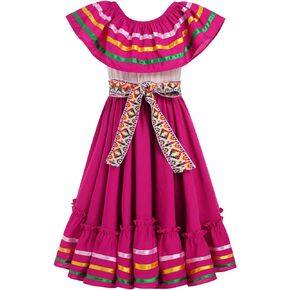 Kids Girls Cinco De Mayo Fiesta Mexican Traditional Folk Ruffle Drape Dress with Belt