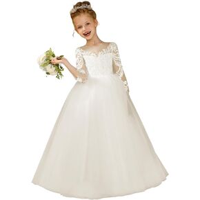 Flower Girl Dresses for Wedding Puffy Tulle Princess Pageant Dress with Bow-Knot Lace Applique Formal Ball Gonws