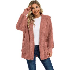 سترة CHICGAL النسائية الغامضة معطف شيربا مفتوح من الأمام وغطاء للرأس مع جيوب برتقالية (وردي، L) in Kuwait