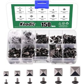 Keadic 300Pcs Gold Punk Spike Studs Assortment Set with Plastic Case, 6mm/7mm/8mm/9mm/10mm/12mm Square Pyramid Rivet Nailheads Leathercraft Decorations for DIY Leather Clothing Shoes Bags