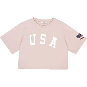 Anna-Kaci Women's Letter Print Crop Top Summer Short Sleeve July 4th USA American Flag T-Shirt