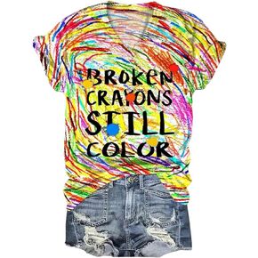 Broken Crayons Still Color T Shirt Women Mental Health Awareness Shirt Cute Letter Print V Neck Short Sleeve Shirt Tops