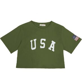 Anna-Kaci Women's Letter Print Crop Top Summer Short Sleeve July 4th USA American Flag T-Shirt