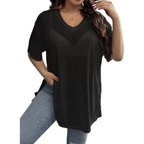 SHENHE Women's Plus Size Sheer Mesh V Neck Half Sleeve Drop Shoulder Split Hem Tee Top