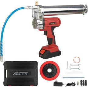 Stalwart Grease Gun - 20V 12000 PSI Cordless Grease Gun with 14-Inch Hose, Couplers, Lithium Ion Battery, Charger, and More - Tool Kit (Black/Red)