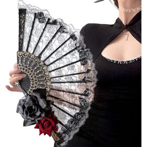 Halloween Black Hand Fan Rose Handheld Vintage Flower Retro Spanish Large Folding Fan for Women Girls Wedding Dancing Halloween Party Performance Cosplay Costume Photo Props Decoration
