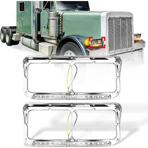 2x Headlight Bezel With 12" LED Light Chrome Driver & Passenger Side LH & RH Replacement for 4x6 Light for Kenworth T400 T600 T800 W900B W900L Peterbilt 378 379 Western Star 4900 Trucks