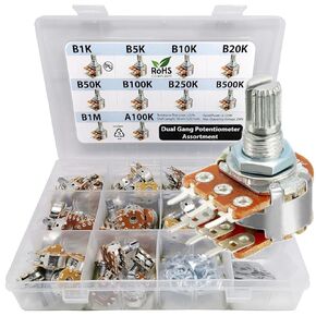 50 pcs Dual Gang Stereo 6-pin Potentiometer Assortment 1k 5k 10k 20k 50k 100k 250k 500k 1M A100k