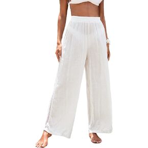 MakeMeChic Women's Bikini Swimsuit Cover Up Contrast Lace Sheer Wide Leg Cover Up Beach Pants