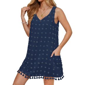 Yincro Womens Swimsuit Cover Up Swiss Dot V Neck Tank Beach Dress with Pockets