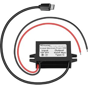 DC 12V/24V to 5V USB C Step Down Converter Type-C Interface 5A 25W Waterproof Buck Module Power Adapter Compatible with Raspberry Pi 4, Cell Phones 2-Pack