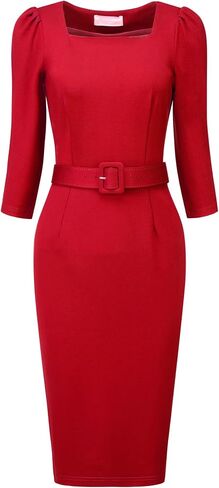 Women's Vintage Pencil Dress Square Neck Puff Sleeve Belted Dresses in Kuwait