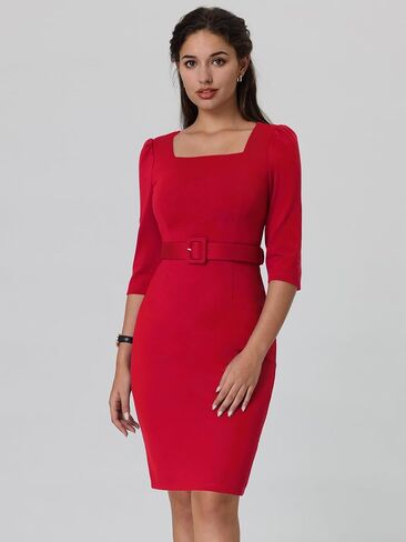 Women's Vintage Pencil Dress Square Neck Puff Sleeve Belted Dresses in Kuwait