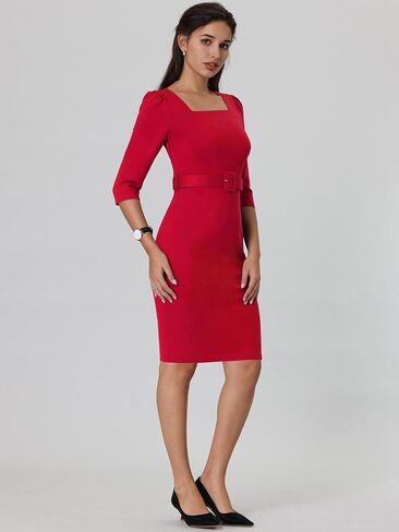 Women's Vintage Pencil Dress Square Neck Puff Sleeve Belted Dresses in Kuwait