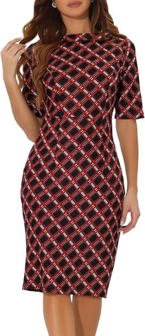Allegra K Women's Bodycon Plaid Dress Round Neck Elbow Sleeve Check Pencil Dress in Saudi Arabia