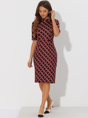 Allegra K Women's Bodycon Plaid Dress Round Neck Elbow Sleeve Check Pencil Dress in Saudi Arabia