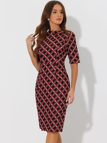 Allegra K Women's Bodycon Plaid Dress Round Neck Elbow Sleeve Check Pencil Dress in Saudi Arabia