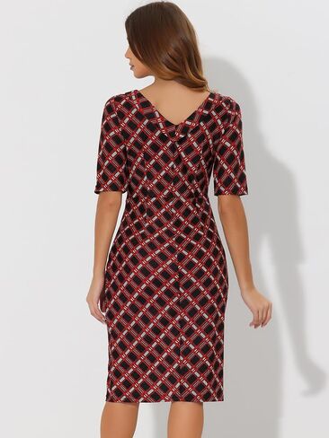 Allegra K Women's Bodycon Plaid Dress Round Neck Elbow Sleeve Check Pencil Dress in Saudi Arabia