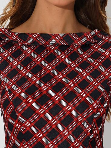 Allegra K Women's Bodycon Plaid Dress Round Neck Elbow Sleeve Check Pencil Dress in Saudi Arabia