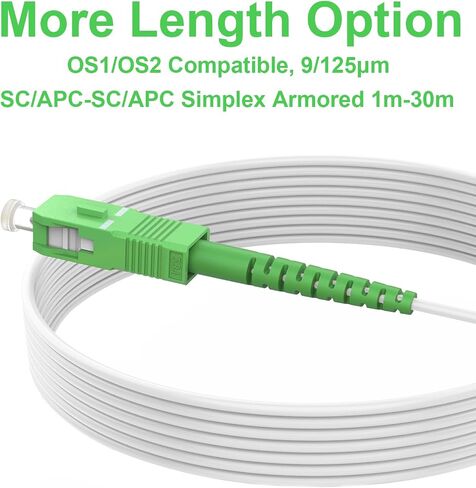 30m/98ft OS2 SC/APC to SC/APC Fiber Cable, Armored OS2 Single Mode Fiber Patch Cable - Simplex - 9/125um OS1/OS2 Compatible LSZH White OD-3.0mm, Cable Length Option: 1m-30m in Saudi Arabia