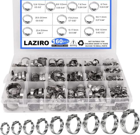 160Pcs (6mm-25.6mm)1/4"-1"Single Ear Hose Clamp Hose Crimp Clamps Ear Crimp Rings Ear Stepless Hose Clamp Pinch Clamps for Hose Pipe Clamp Tools (Single Ear Hose Clamps Kit) in Saudi Arabia