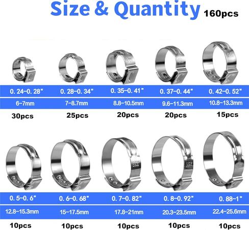 160Pcs (6mm-25.6mm)1/4"-1"Single Ear Hose Clamp Hose Crimp Clamps Ear Crimp Rings Ear Stepless Hose Clamp Pinch Clamps for Hose Pipe Clamp Tools (Single Ear Hose Clamps Kit) in Saudi Arabia