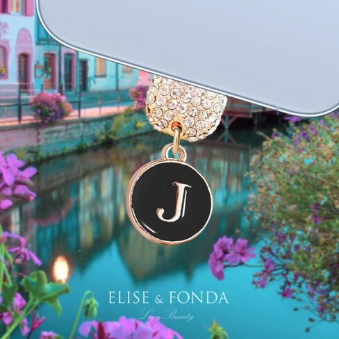 ELISE & FONDA CP491 منفذ شحن USB كريستال مضاد للغبار قابس صغير مستدير حرف J للهاتف iPhone 13/12/11/ XS MAX/XR/X/8 Plus/7/6S/8/SE iPad iPod (أسود) in Saudi Arabia