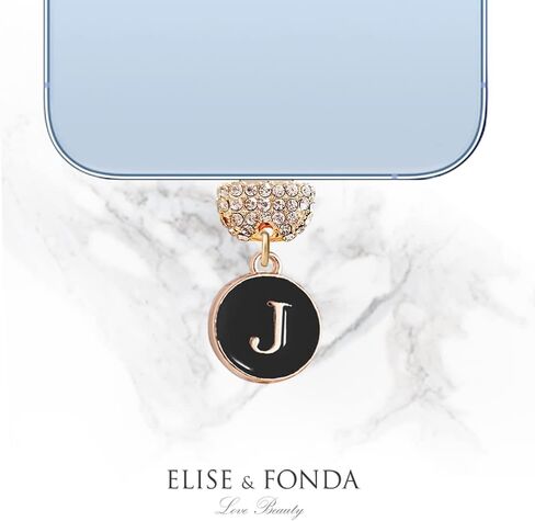 ELISE & FONDA CP491 منفذ شحن USB كريستال مضاد للغبار قابس صغير مستدير حرف J للهاتف iPhone 13/12/11/ XS MAX/XR/X/8 Plus/7/6S/8/SE iPad iPod (أسود) in Saudi Arabia