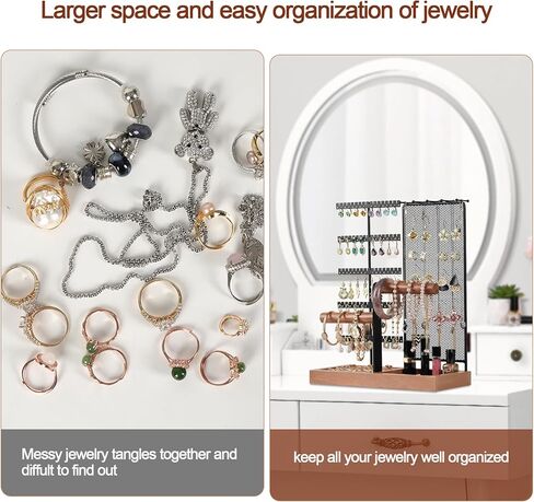 حامل منظم المجوهرات قابل للإزالة، حامل قلادة من 7 طبقات مع شبكة منظم للأقراط، منظم حامل شجرة المجوهرات مع 80 فتحة وقضيب خشبي للأساور والساعات والخواتم in Kuwait