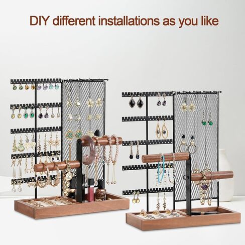 حامل منظم المجوهرات قابل للإزالة، حامل قلادة من 7 طبقات مع شبكة منظم للأقراط، منظم حامل شجرة المجوهرات مع 80 فتحة وقضيب خشبي للأساور والساعات والخواتم in Kuwait