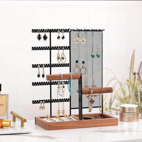 حامل منظم المجوهرات قابل للإزالة، حامل قلادة من 7 طبقات مع شبكة منظم للأقراط، منظم حامل شجرة المجوهرات مع 80 فتحة وقضيب خشبي للأساور والساعات والخواتم in Kuwait