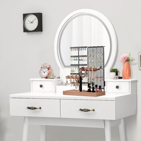 حامل منظم المجوهرات قابل للإزالة، حامل قلادة من 7 طبقات مع شبكة منظم للأقراط، منظم حامل شجرة المجوهرات مع 80 فتحة وقضيب خشبي للأساور والساعات والخواتم in Kuwait