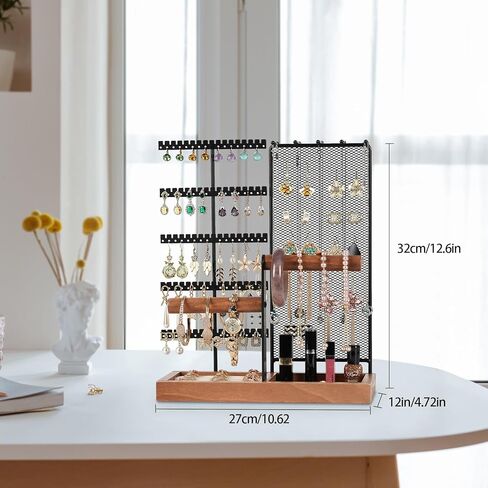 حامل منظم المجوهرات قابل للإزالة، حامل قلادة من 7 طبقات مع شبكة منظم للأقراط، منظم حامل شجرة المجوهرات مع 80 فتحة وقضيب خشبي للأساور والساعات والخواتم in Kuwait