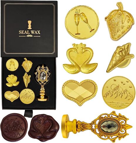 Wax Seal Stamp Set 7 Pcs Stamps with Gift Box, Seal Wax Stamps Copper Heads with Metal Handle, Wax Seal Kit for Cards Envelopes Letters Wedding Gifts (Heart, Ice Cream, Strawberry, Mountain) in Saudi Arabia